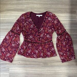 Floral Burgundy Blouse with Bell Sleeves
